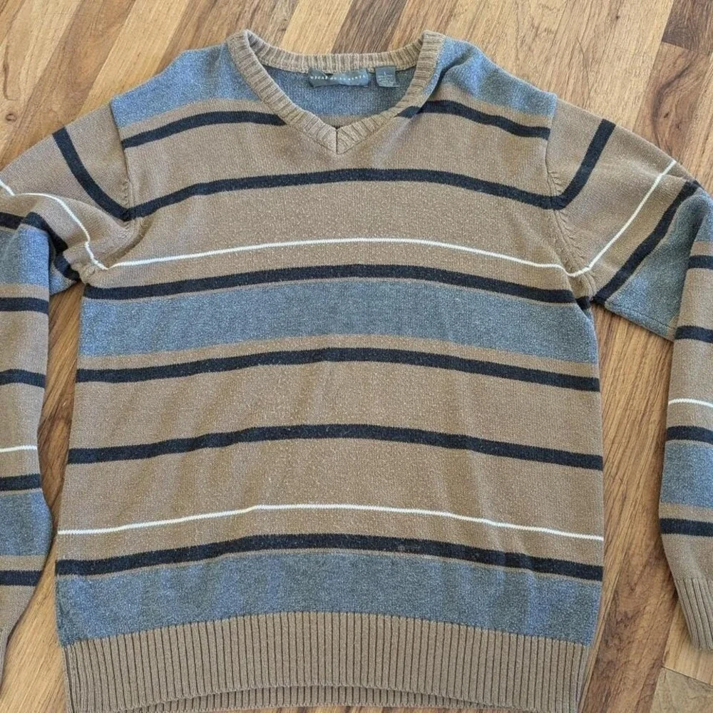 Oscar de la Renta Mens V-Neck Striped Sweater Tan Grey Black Cotton Blend‎ Large